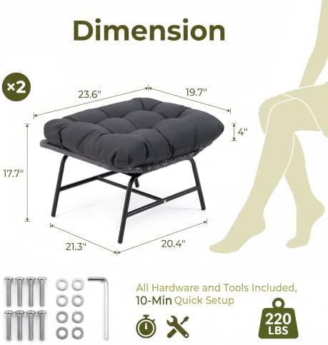 RADIATA Wicker Ottomans Set of 2 Outdoor Chair Footstool Cushion Gray - Image 2