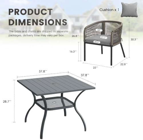 Patio Dining Set, 37.8" Square Table & Grey Cushioned Wicker Chairs - Image 2