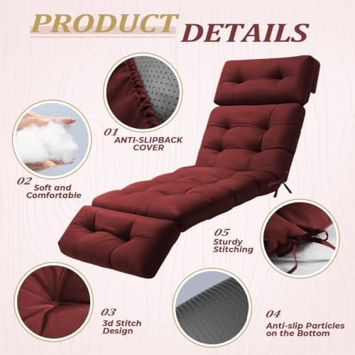 Chaise Lounge Cushion Outdoor, 74.4" x 22", Waterproof, Dark Red - Image 4
