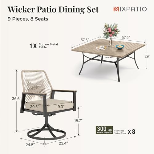 9pc Patio Dining Set, 57.5" Square Metal Table, 8 Swivel Chairs - Image 4