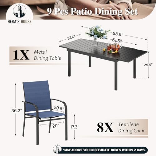9pc Patio Dining Set, Extendable Metal Table - Image 6