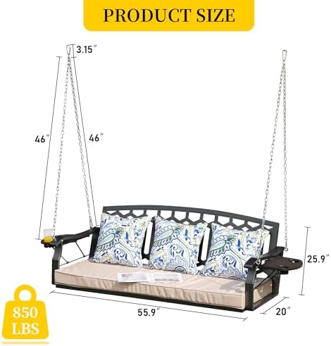 Heavy Duty 3-Seat Metal Hanging Porch Swing, 4.6 FT Outdoor Swing - Image 7