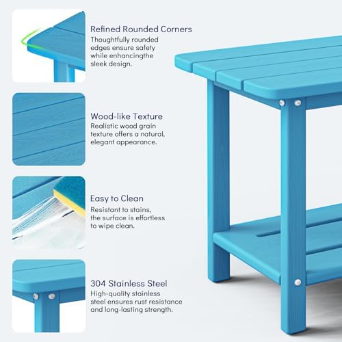 2-Tier Outdoor Side Table, HDPE Patio End Table, Light Blue - Image 3