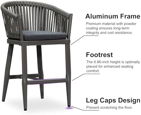 PURPLE LEAF Outdoor Patio Counter Stool Set of 2 Wicker Rattan Slate Gray - Image 6