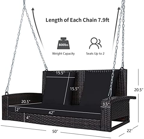 RELAX4LIFE Porch Swing 2-Seat Patio Rattan, Wicker Porch Swings Outdoor W/Two - Image 7