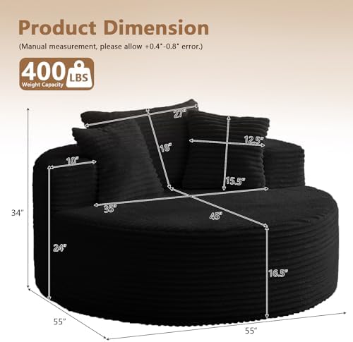 Oversized Round Chair Lounge Chaise Indoor, Upholstered Corduroy Deep Seat - Image 2