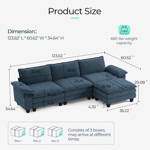 LINSY HOME 123'' Modular Sectional Sofa 3 Seat Couch Corduroy Cloud Couch - Image 2