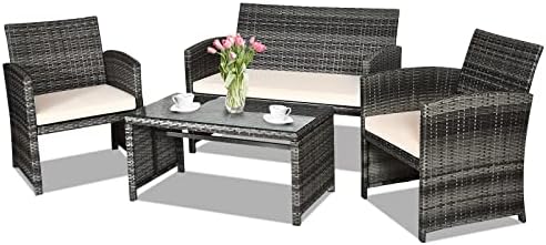 Goplus 4-Piece Rattan Patio Furniture Set, Outdoor Wicker Conversation Sofa by Goplus