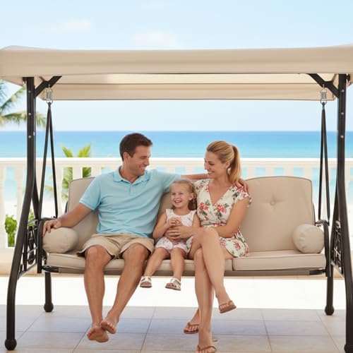 3-Seat Patio Swing with Canopy, Heavy Duty Outdoor Swing Chair with Cup Holders - Image 6