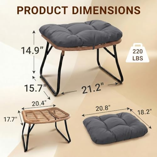 Wicker Outdoor Ottoman Single-Large Foldable Boho Rattan Footstool - Image 2