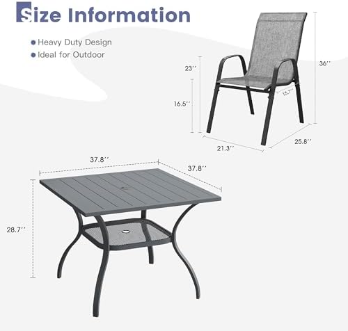 VICLLAX Patio Dining Set, 4 Grey Stackable Chair & 37" Dark Grey Table - Image 2