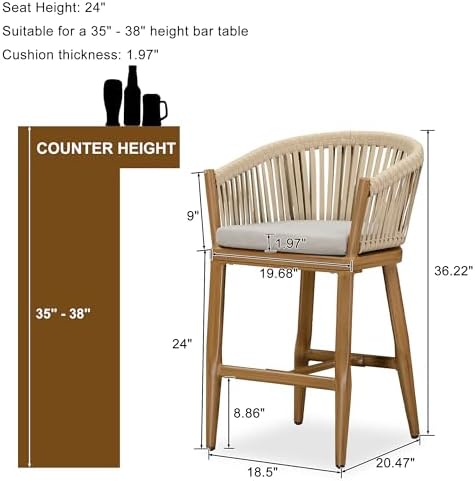 PURPLE LEAF Outdoor Patio Counter Stool Set of 2 Woven Rattan Teak Aluminum - Image 2