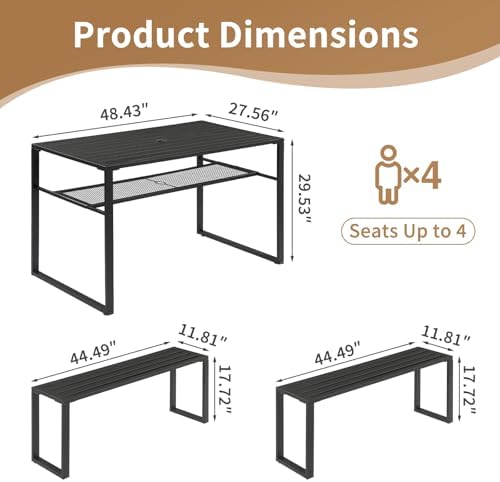 49" Metal Patio Dining Set w/ Umbrella Hole, Storage Shelf - Image 3