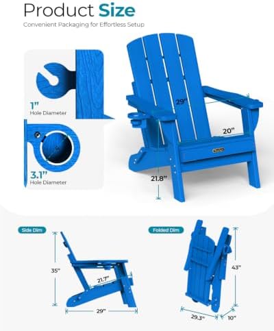 Folding Adirondack Chairs Set of 6, 2 Cup Holders, Ocean Blue - Image 3