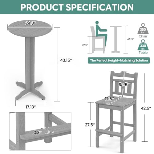 3-Piece Outdoor Bar Set, HDPE Adirondack Chairs & Table - Image 3