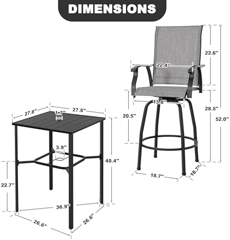 NUU GARDEN 5 Piece Patio Swivel Bar Set, All-Weather Textilene High Bistro - Image 3