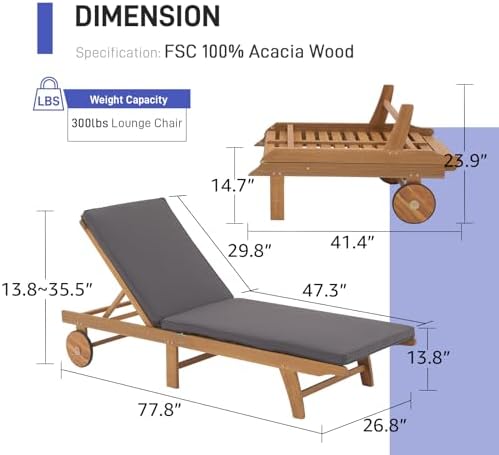 Patiorama Patio Acacia Wood Chaise Lounge Chair of 4, Pool Chair, Dark Grey - Image 2