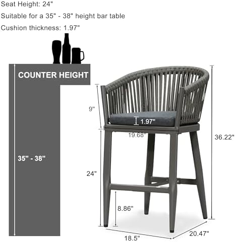 PURPLE LEAF Outdoor Patio Counter Stool Set of 2 Wicker Rattan Slate Gray - Image 2