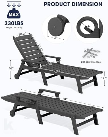 KINGYES HDPE Lounge Chair Outdoor Set of 2, All Weather Pool Lounger - Image 2