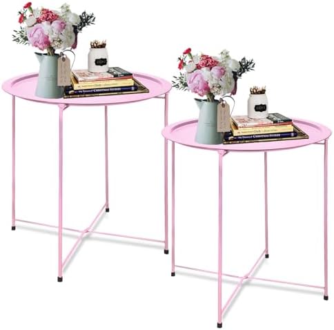 End Table 2 PCS Metal Side Table Pink Round Folding Tray Cyan Sofa Small Accent by Garden4you