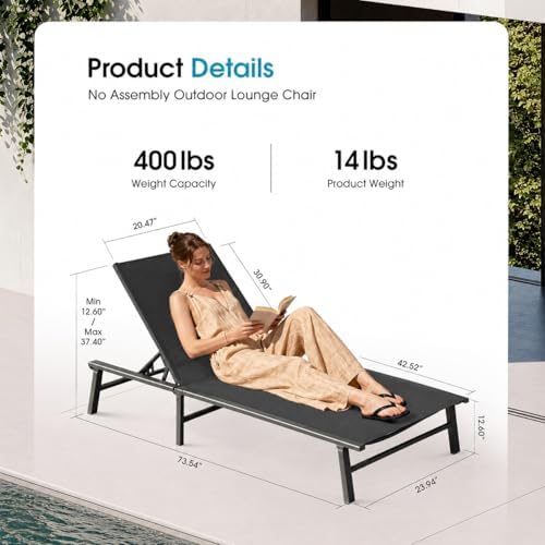 Ciokea Foldable Outdoor Lounge Chair Set of 2, No Assembly Aluminum Chaise - Image 2