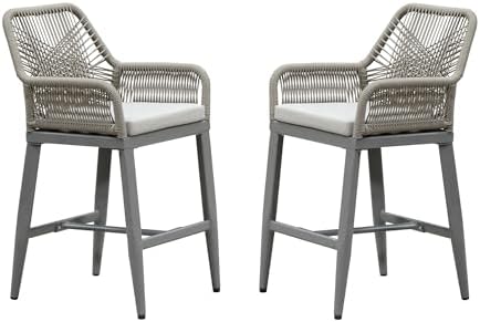 PURPLE LEAF 24" Rattan Counter Stools Set of 2 Water Resistant, Light Grey by PURPLELEAF