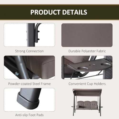 Outsunny 3-Seat Patio Swing Chair Adjustable Canopy Brown - Image 4