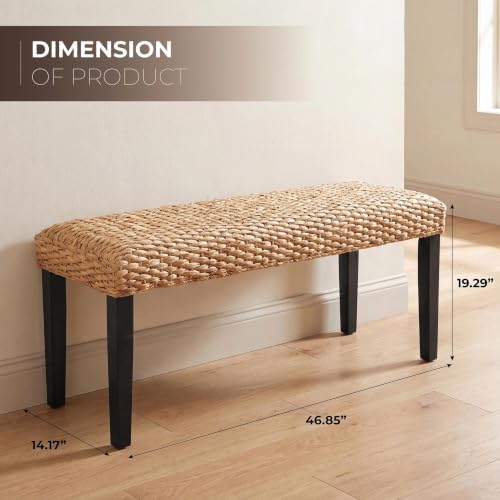 Solid Wood Acacia Indoor Bench, Water Hyacinth Seat, Plait Style - Image 2