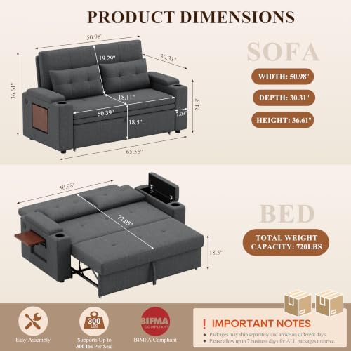 MALOL 65'' Convertible Futon Sofa Bed, 3-in-1 Pull Out Couch, Dark Grey - Image 2