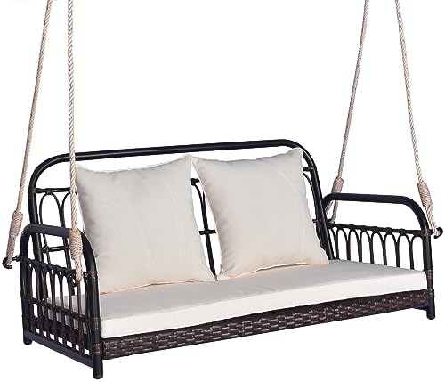 Tangkula Outdoor Wicker Porch Swing, 2-Person Hanging Seat by TANGKULA