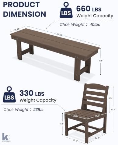 6-Piece Patio Dining Set, HDPE Table Bench and Armless Chairs Coffee - Image 3