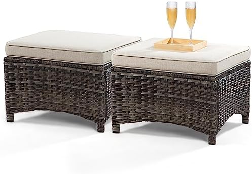 Outdoor Ottomans for Patio Set of 2 PE Wicker Steel Frame Outdoor Footstool - Image 3