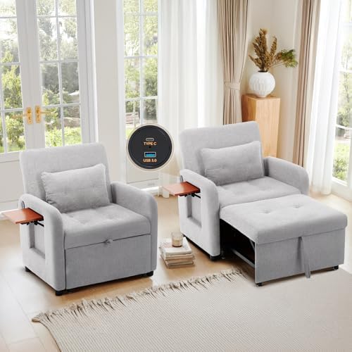 MALOL Convertible Chair-Fabric Sofa Bed, Single Sleeper Sofa, Light Grey - Image 7