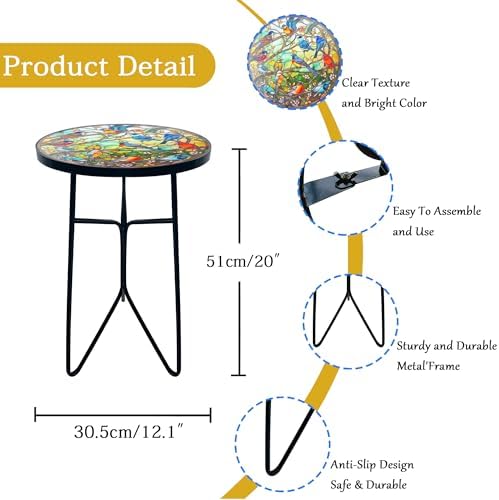 Mosaic Birds Outdoor Side Tea Table, Glass Plant Tables Indoor Decorative Metal - Image 3
