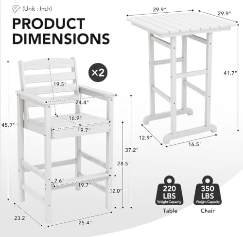 3-Piece Outdoor Patio Bar Set, HDPE High Top Table Chairs White - Image 2