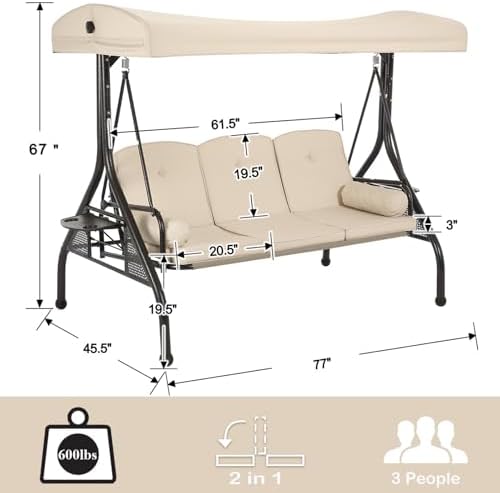 3-Seat Patio Swing with Canopy, Heavy Duty Outdoor Swing Chair with Cup Holders - Image 2