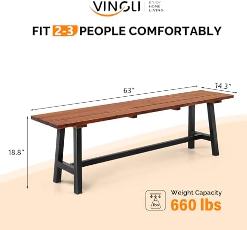 VINGLI Outdoor Wooden Bench, 45” 2-Person Backless Dining Bench, Weatherproof - Image 3