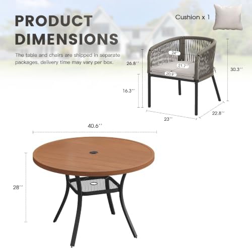Patio Dining Set, 40.6" Round Table & Wheat Cushioned Wicker Chairs - Image 2