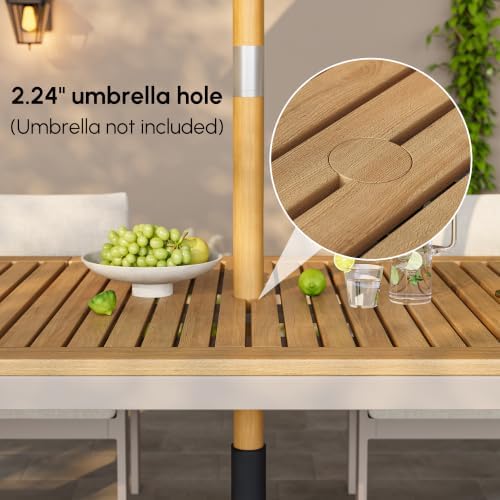 homary 118" Outdoor Dining Table, Teak Top, Light Grey Frame, Umbrella Hole - Image 5