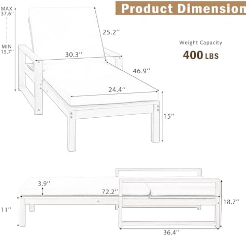 Lounge Chair Outdoor, Acacia Wood Oversized Chaise Lounge Chair - Image 2