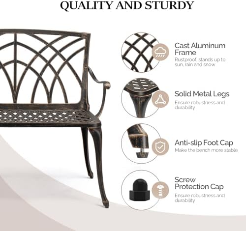 VINGLI 38" Outdoor Metal Bench, Cast Aluminium Garden Bench, Weatherproof - Image 4