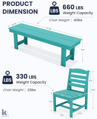 6-Piece Patio Dining Set, HDPE Table Bench and Armless Chairs Aruba - Image 3