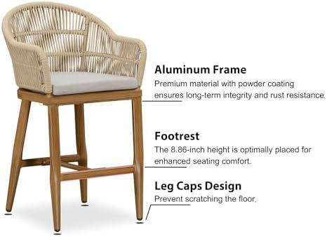 PURPLE LEAF Outside Patio Counter Stool Set of 2 Woven Rattan Teak Aluminum - Image 5