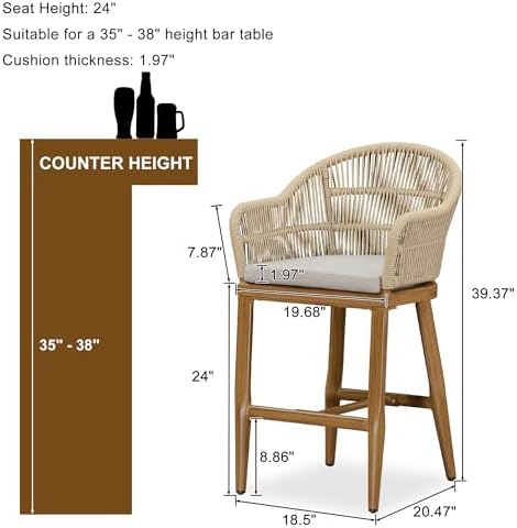 PURPLE LEAF Outside Patio Counter Stool Set of 2 Woven Rattan Teak Aluminum - Image 2