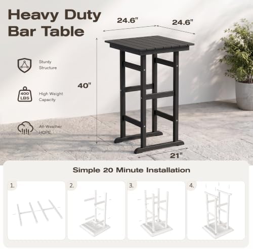 nalone 40" Outdoor Bar Table, HDPE Bar Height Square Patio Table - Image 3