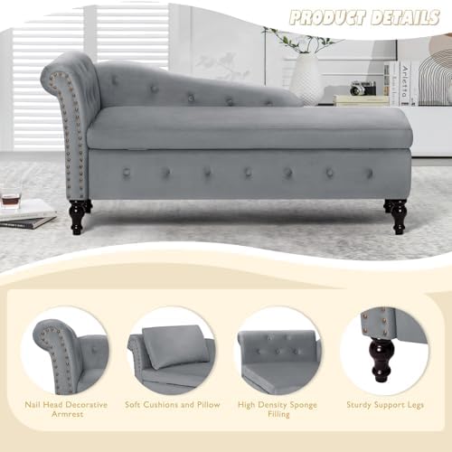 Velvet Chaise Lounge w/Left Armrest & Storage Space - Image 7