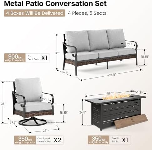 Metal Patio Furniture Set with Fire Pit, Light Grey - Image 2