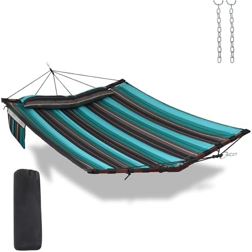 12FT 2 Person Hammock with V Shaped Spreader Bar -Teal Stripes by Tegerdeger