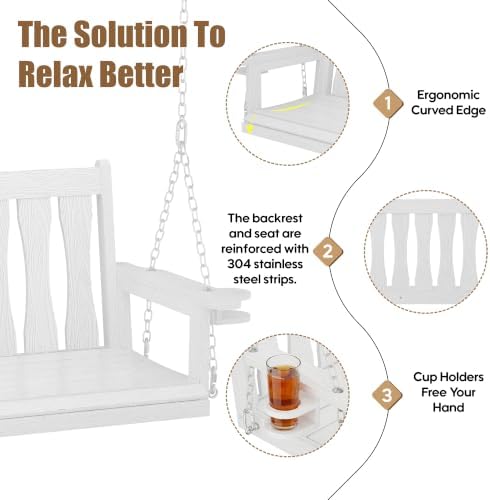HIPS All-Weather Outdoor Hanging Porch Swing, 2 Seat Hanging Swing Bench - Image 4