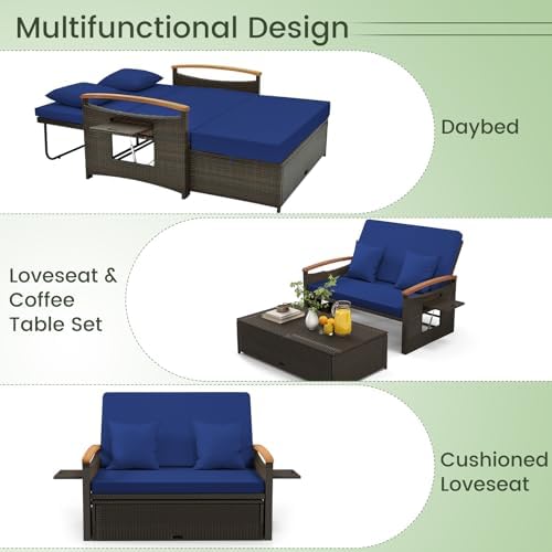 Tangkula Patio Rattan Daybed, Outdoor Wicker Loveseat, Mix Brown & Navy - Image 6
